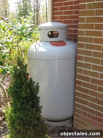 img_8697 Metal utility propane tank behind painted red to match brick