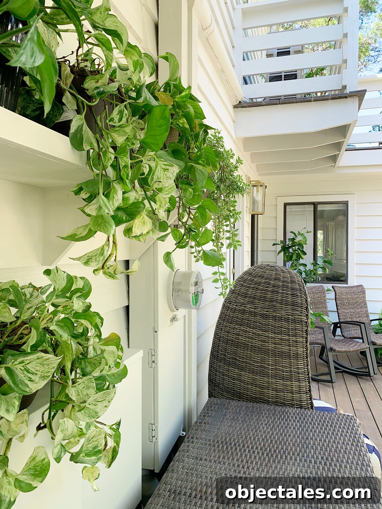 Paint a Utility Box to Blend Into Your Landscape 2 Disguising electrical utility boxes behind vining plants on an outdoor shelf
