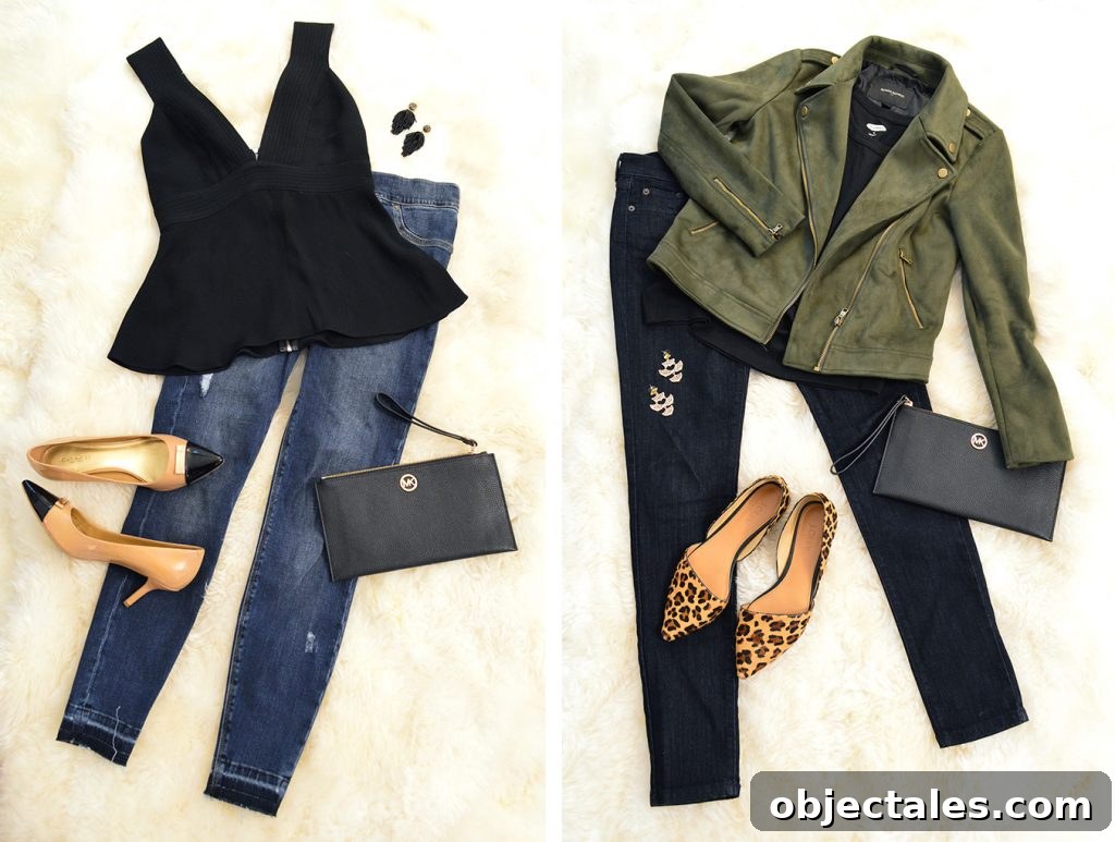 Two flat lay outfit combinations with jeans and jackets and purses and shoes and accessories