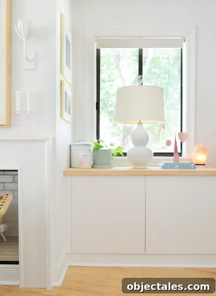 Convert IKEA Besta Cabinets Into Custom Built-Ins 6 Ikea Besta Built In Next To Fireplace With Lamp and Butcher Block Counter