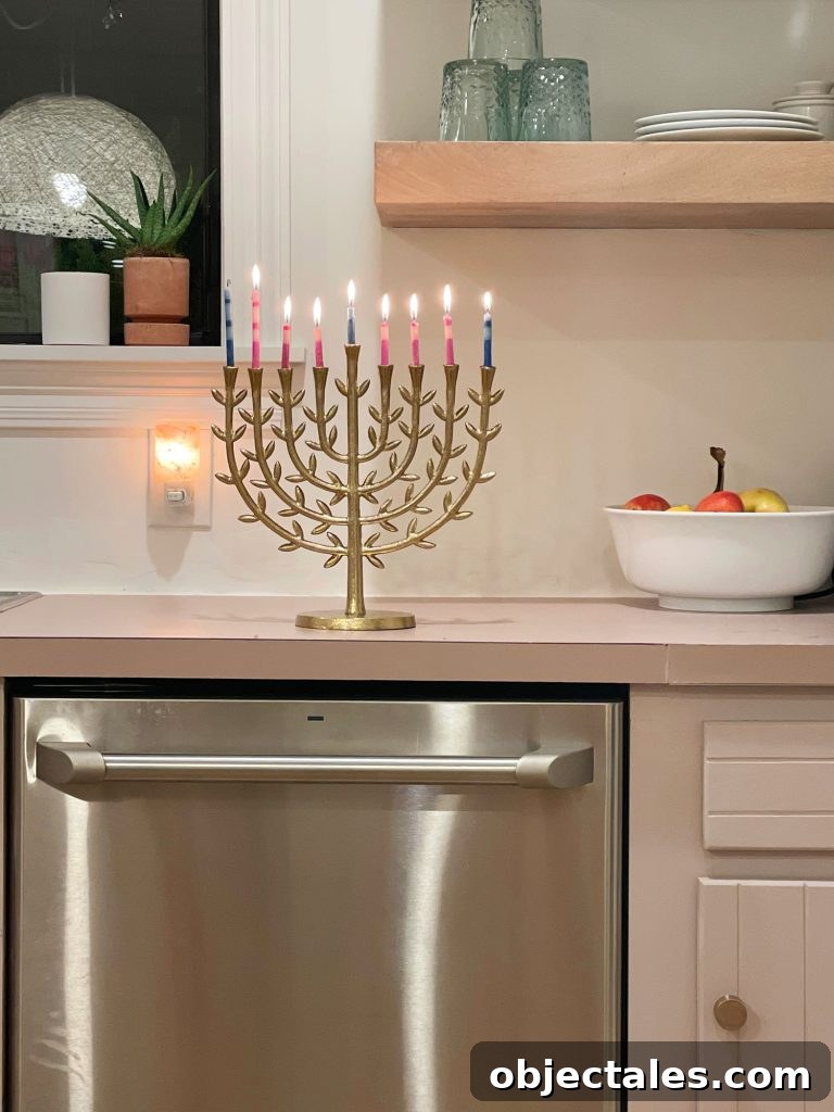 Gold leafy menorah on kitchen table