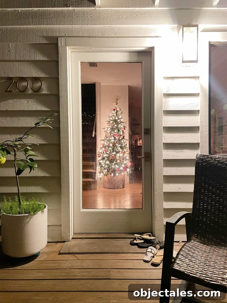 View of Christmas Tree in kitchen through front door at night