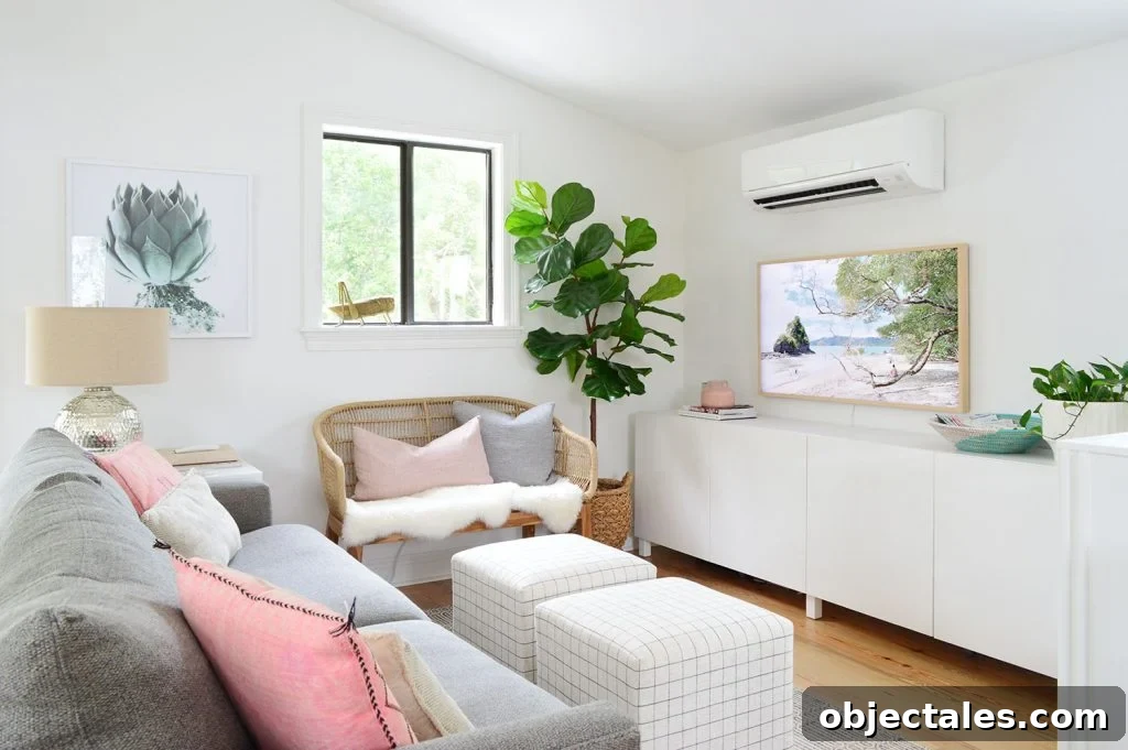Living Room With Large White Ikea Besta Cabinet Media Console