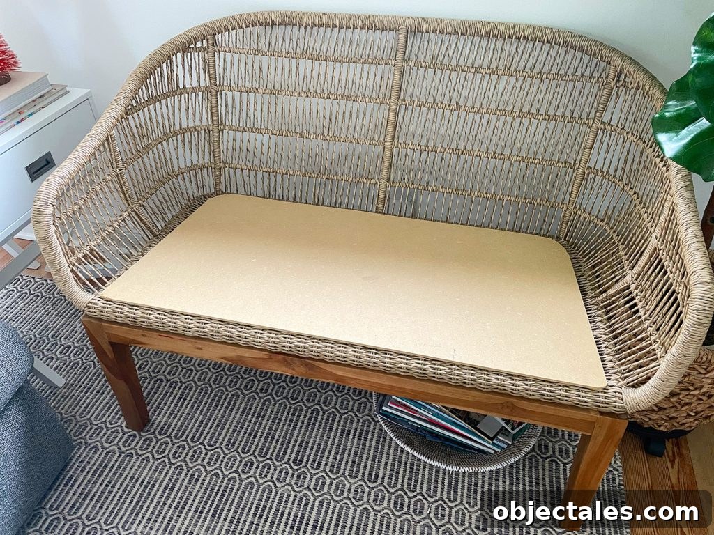 DIY Faux Sheepskin Seat Cushion Tutorial 4 Woven jute loveseat with DIY MDF platform base