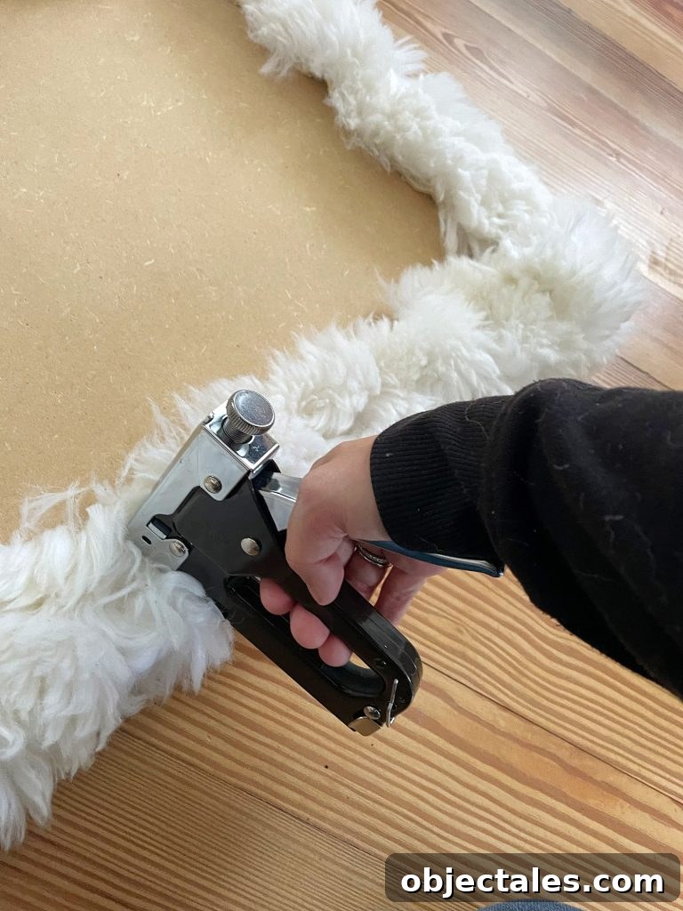 DIY Faux Sheepskin Seat Cushion Tutorial 5 Sherry stapling old sheepskin rug around loveseat base to upholster
