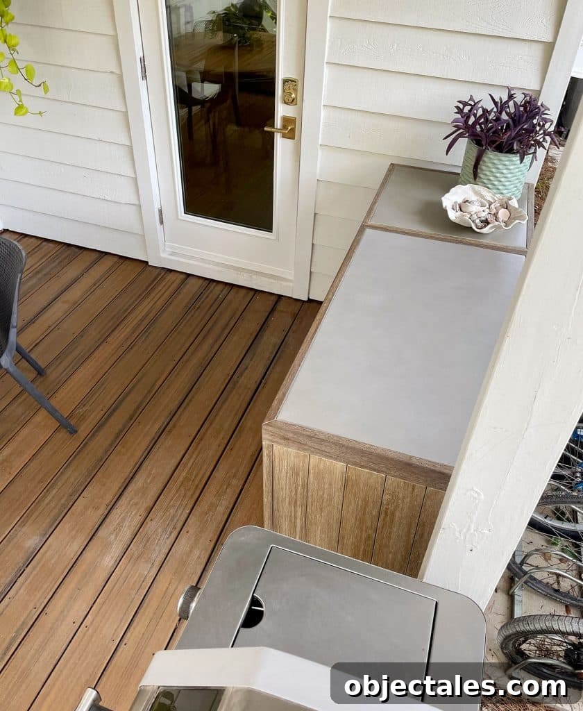 Add Outdoor Storage: Smart Shed, Cabinet, and Deck Ideas 12 Overhead View Of West Elm Portside Outdoor Cabinet With Extra Counter Workspace