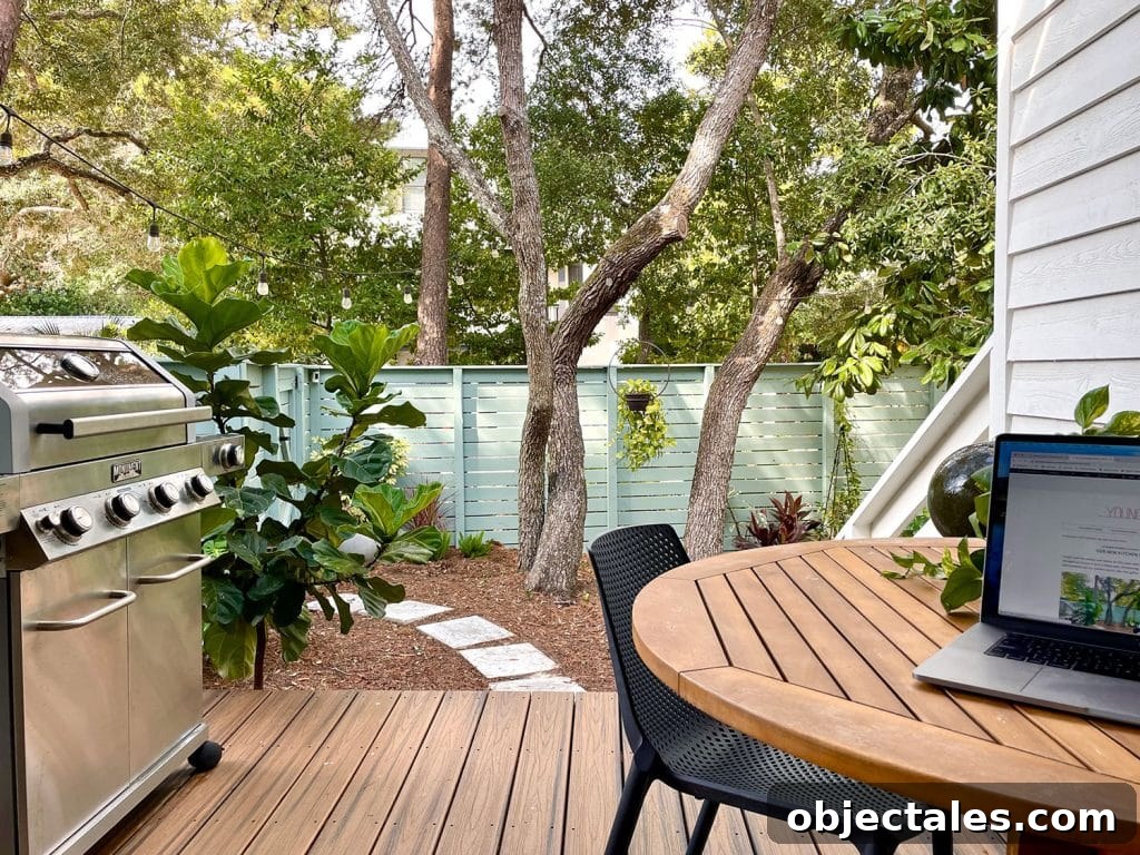 Add Outdoor Storage: Smart Shed, Cabinet, and Deck Ideas 3 View Of Kitchen Porch With Outdoor Grill And Table With Laptop On It