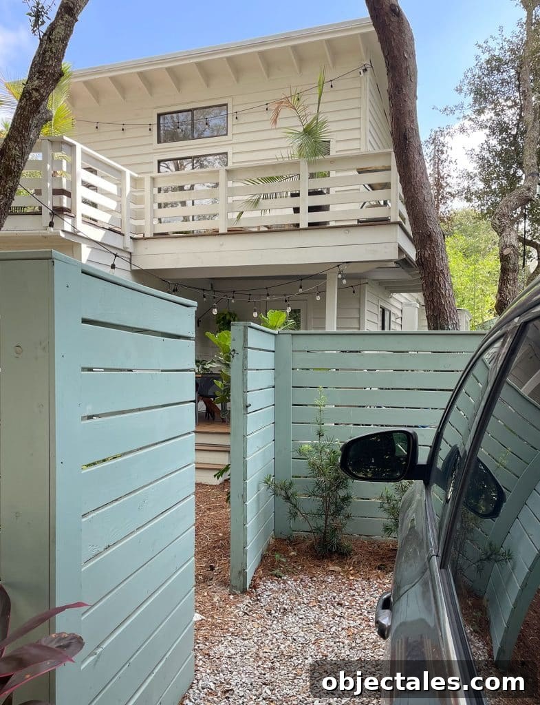 Add Outdoor Storage: Smart Shed, Cabinet, and Deck Ideas 6 Open Fence Gate Showing Car Parking Access To Kitchen Porch