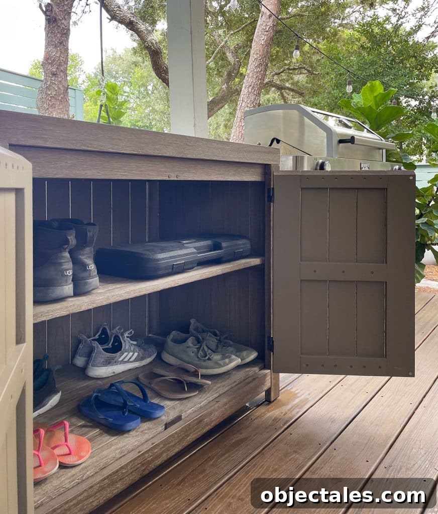 Add Outdoor Storage: Smart Shed, Cabinet, and Deck Ideas 10 West Elm Portside Outdoor Cabinet Open To Show Shoe Storage