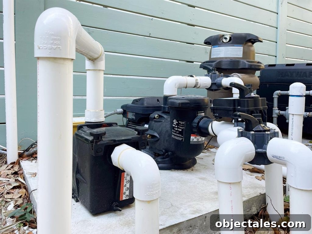 Pool equipment with exposed white PVC pipes