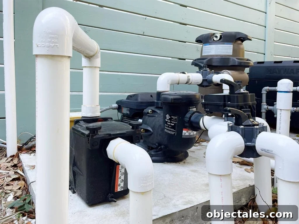 Pool equipment with exposed white PVC pipes