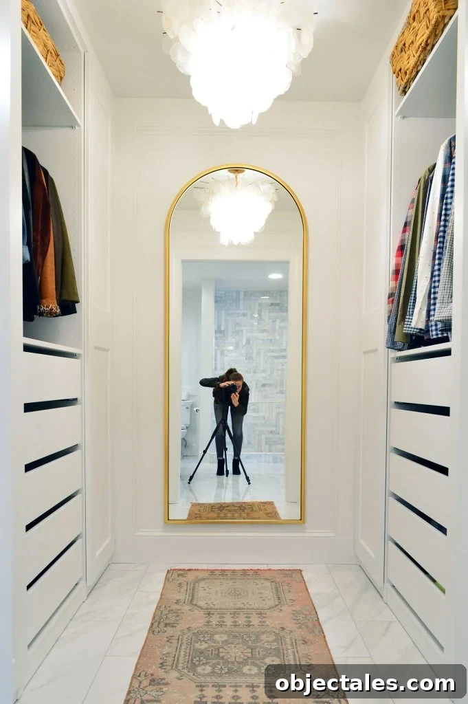 Full Shot Of New Ikea Pax Closet With Sherry And Tripod In Gold West Elm Arch Mirror