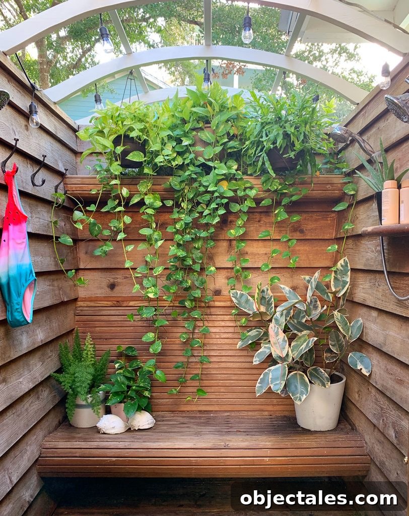 Wood Slatted Outdoor Shower With Cascading Hanging Plants