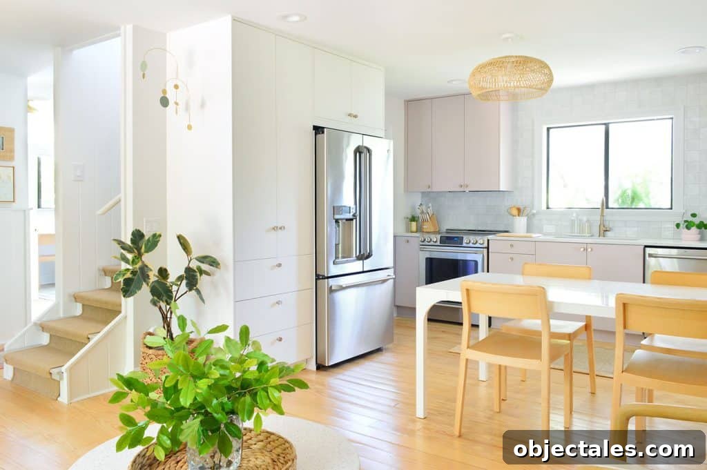 Ikea Kitchen With Painted And White Cabinets With Wood Accents And Jute Stair Runner