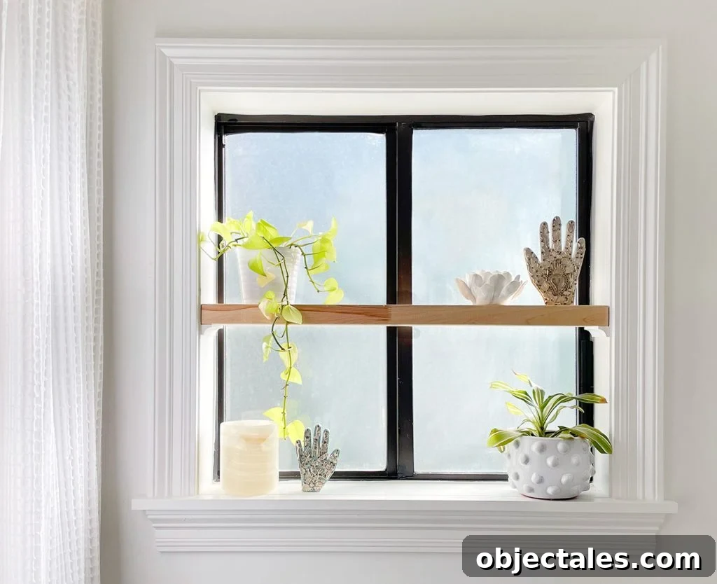 DIY Window Plant Shelf: Step-by-Step Tutorial 5 Frosted Bathroom Window With Floating Wood Shelf In Sill