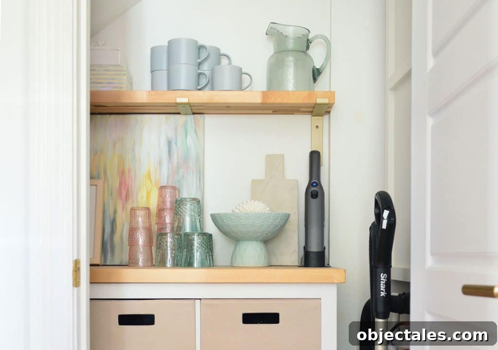 Detail of Utility Closet With Pretty Butcher Block Shelving