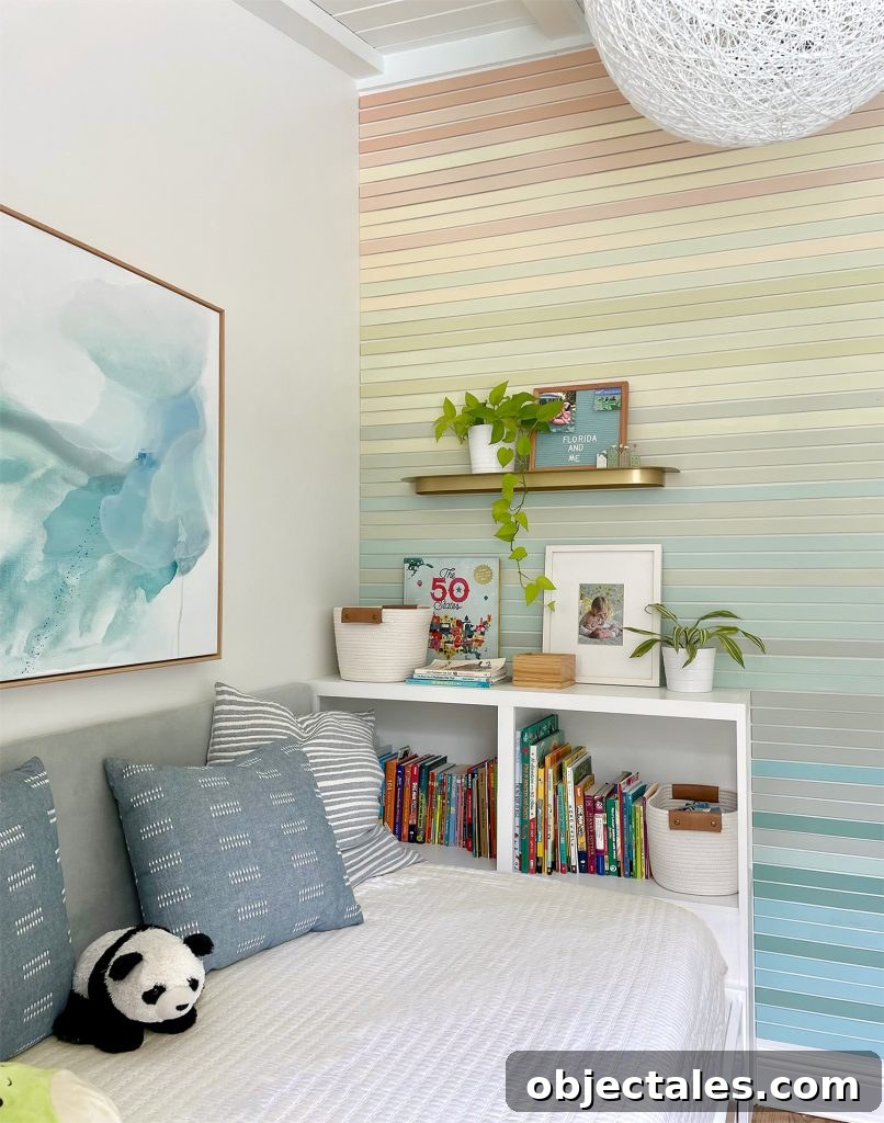 Small Kids Bedroom With Built In Bookcase And Colorful Wood Wall