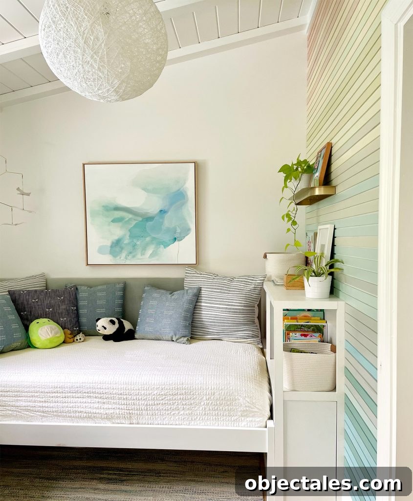 Built-In Bookcase Next To Bed With Upholstered Headboard In Kids Room With Vaulted Ceiling