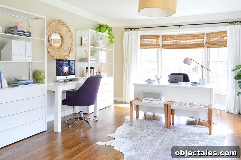 Modern office with Ikea Fjalkinge shelves and two desks with Edgecomb Gray walls