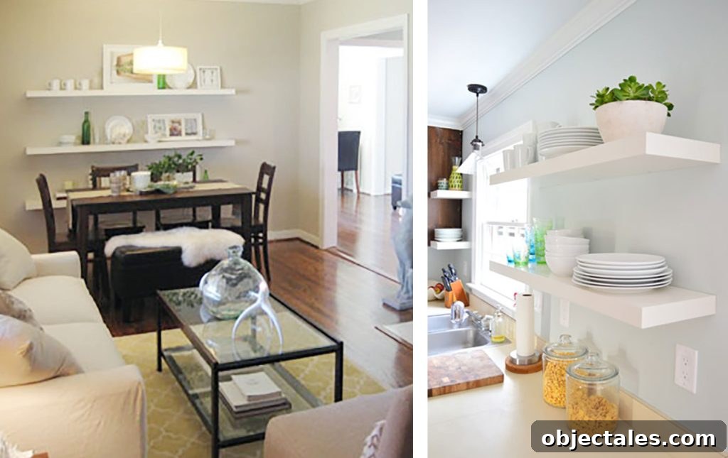 Side by Side of White Ikea Lack Shelves In Dining Room And Kitchen