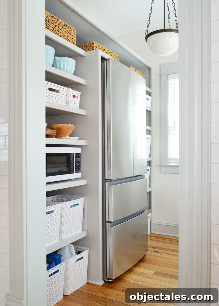 Walk In Beach House Pantry With More Baskets On Shelves