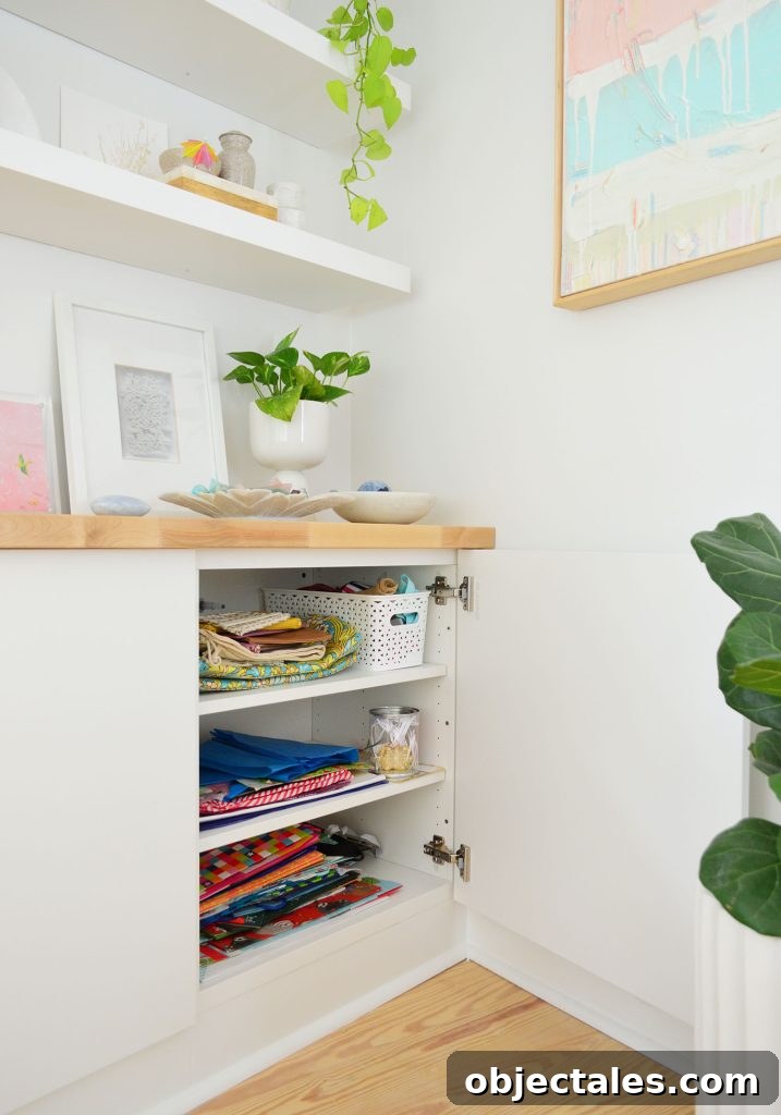 How We Installed IKEA Floating Shelves in Our Bedroom 8 Open Besta Cabinet Under Floating Shelves With Gift Wrap Storage