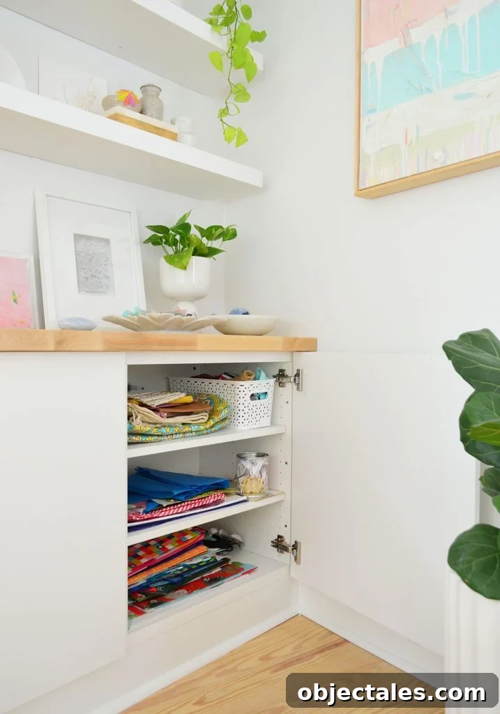 Open Besta Cabinet Under Floating Shelves With Gift Wrap Storage
