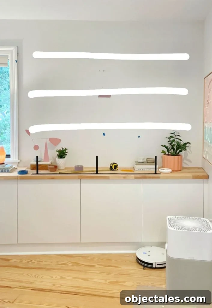 Mock Up Of Ikea Lack Shelves Floating over Besta Counter