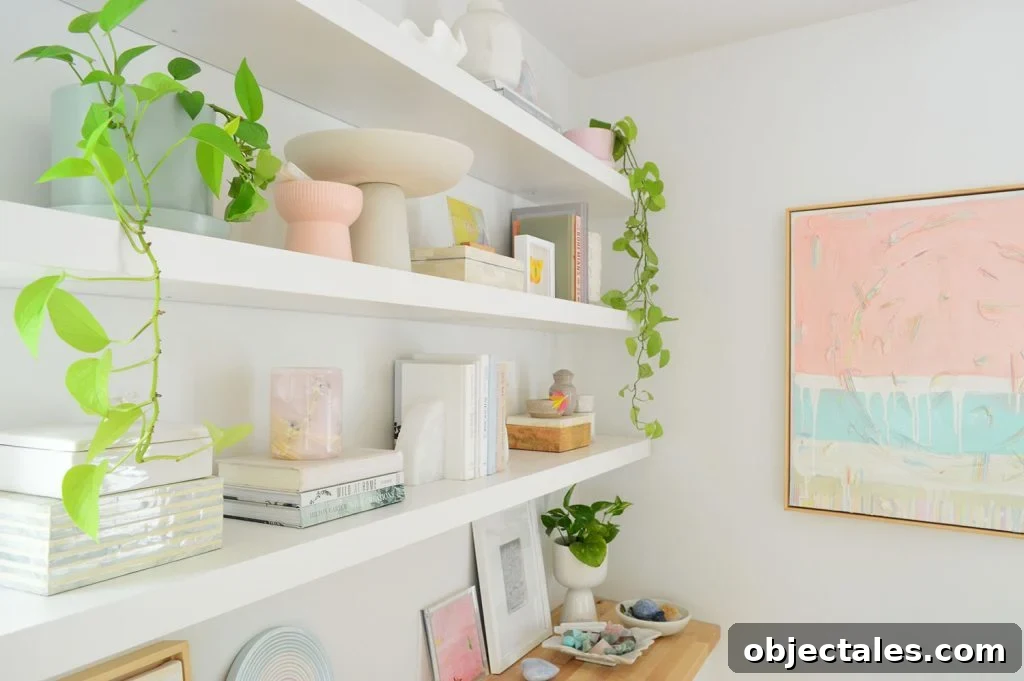 Side View of Three Ikea Lack Floating Shelves With Modern Pink Painting
