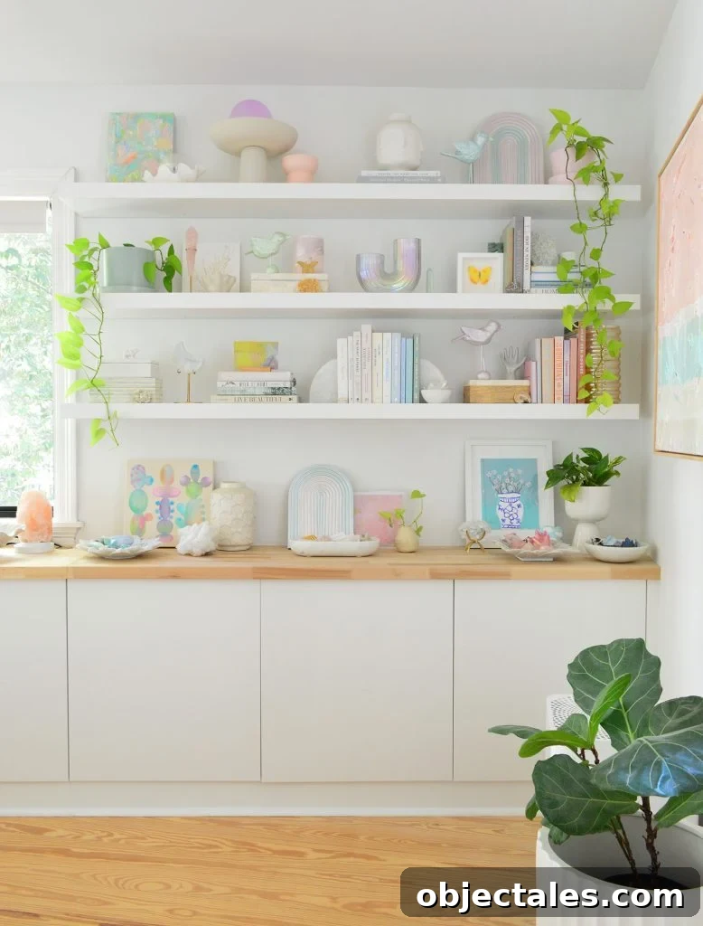How We Installed IKEA Floating Shelves in Our Bedroom 12 White Ikea Lack Shelves Styled With Beachy Books And Butcher Block Counters