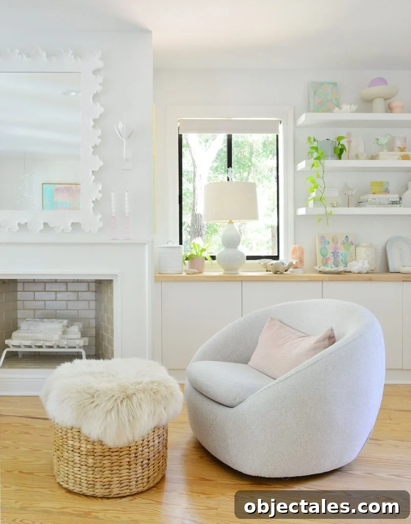 White Beachy Bedroom With West Elm Swivel Chair By Fireplace