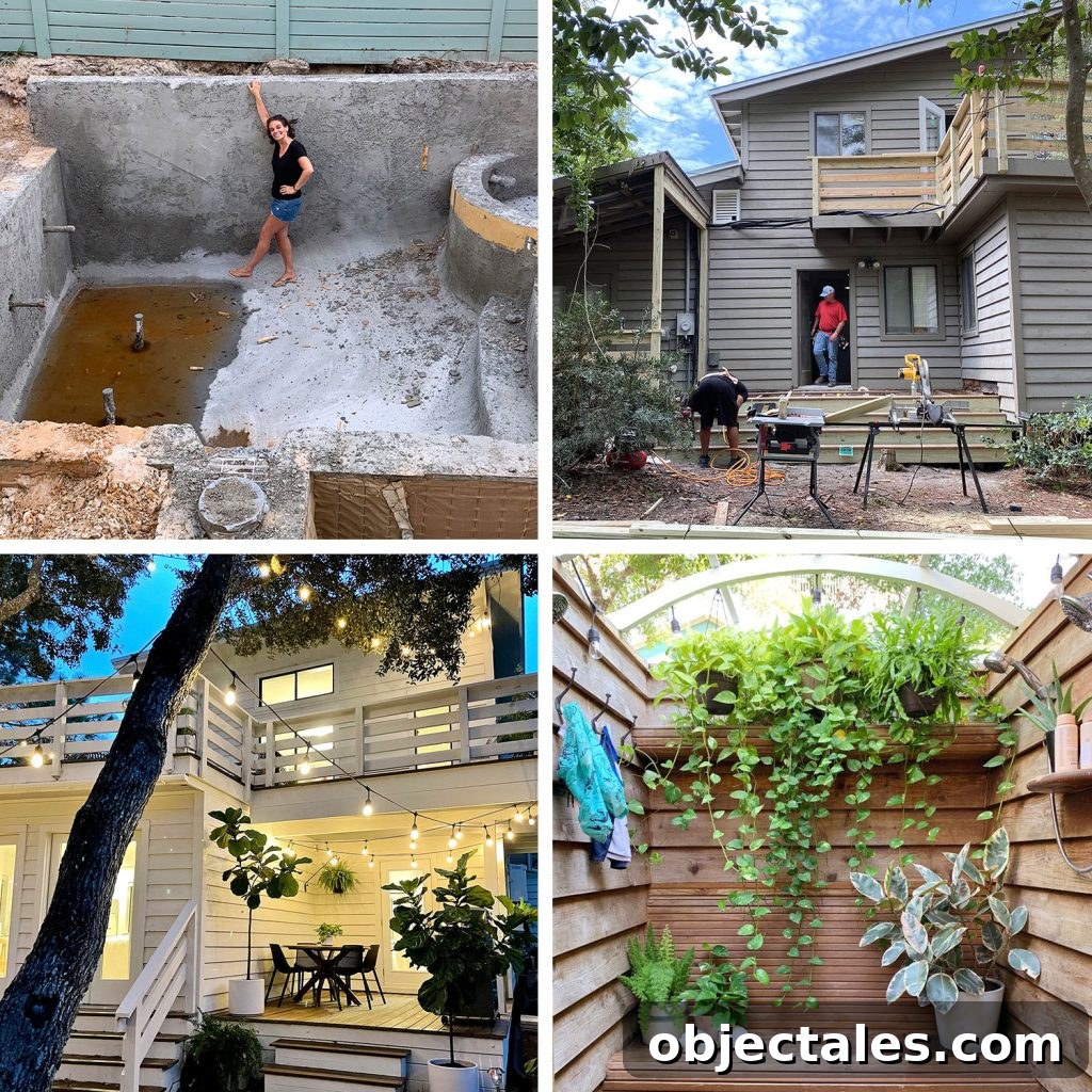 Grid of Four Images Pool Under Construction Exterior Of House Getting Painted FInished Porch With Lights and Outdoor Shower With Plants