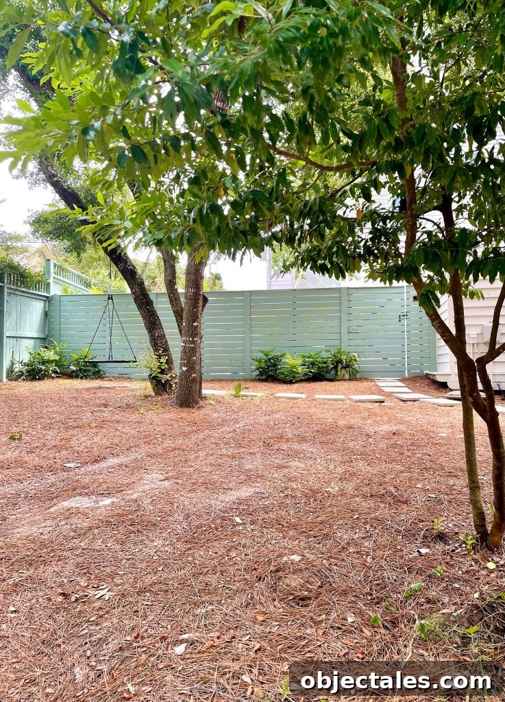 Large yard area with pine straw with green fence in background with tire swing on oak tree