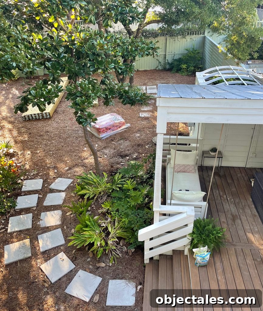 View Of Yard From Above With Old Fence Location And Pavers Moved