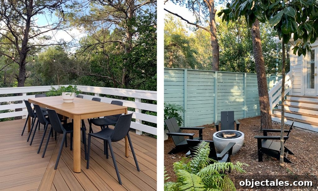 Upper Deck Dining Table And Downstairs Fire Pit In Yard