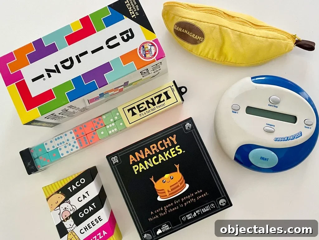 Family Board Games for All Ages 10 Best Fast Paced Games Buildzi Tenzi Bananagrams Taco Cat Goat Cheese Pizza Anarchy Pancakes Catchphrase