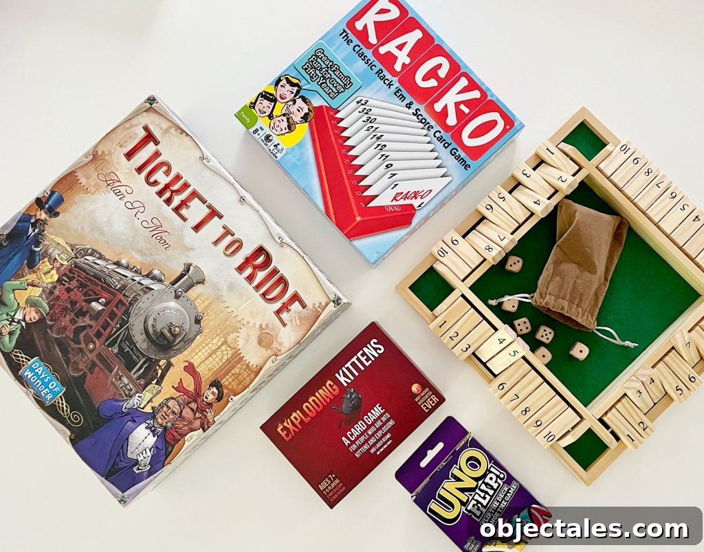 Family Board Games for All Ages 9 Best 2 or 3 Person Board Games Ticket To Ride RackO Shut The Box Exploding Kittens Uno Flip