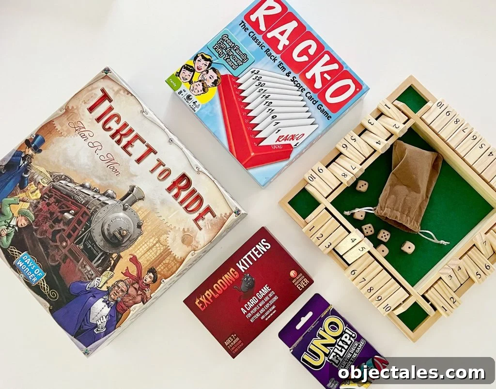 Best 2 or 3 Person Board Games Ticket To Ride RackO Shut The Box Exploding Kittens Uno Flip