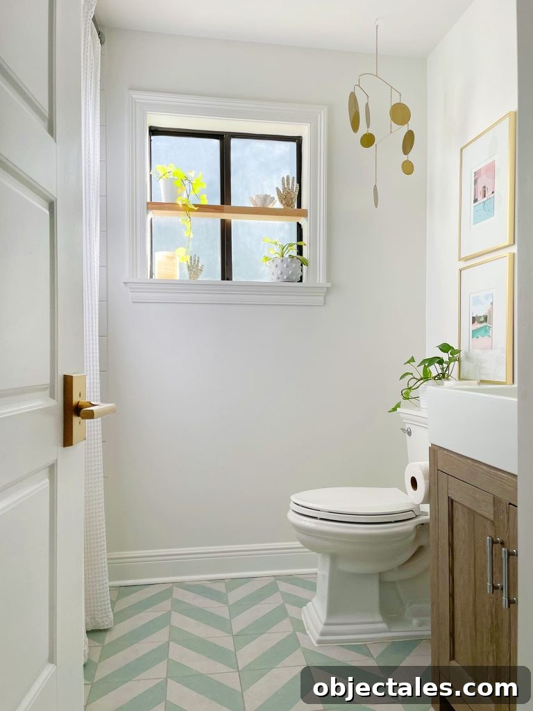 Episode 183: What's Next, House Vibes and an Embarrassing Moment 8 Modern White Bathroom With Mint Chevron Floor And Floating Wood Shelf In Window