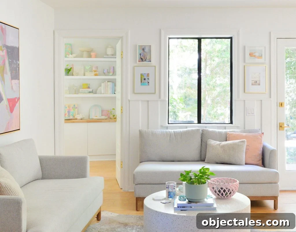 Sitting Area With Loveseats And Doorway Intro Bedroom With Colorful Shelves