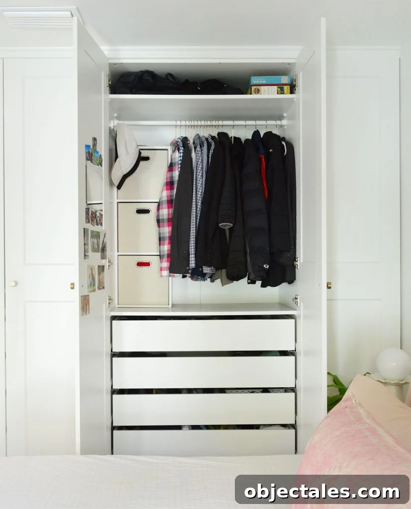 IKEA PAX Closet Organization: Our Setup and Storage Ideas 10 Open Ikea Pax Closet Wardrobe With Mens Clothing