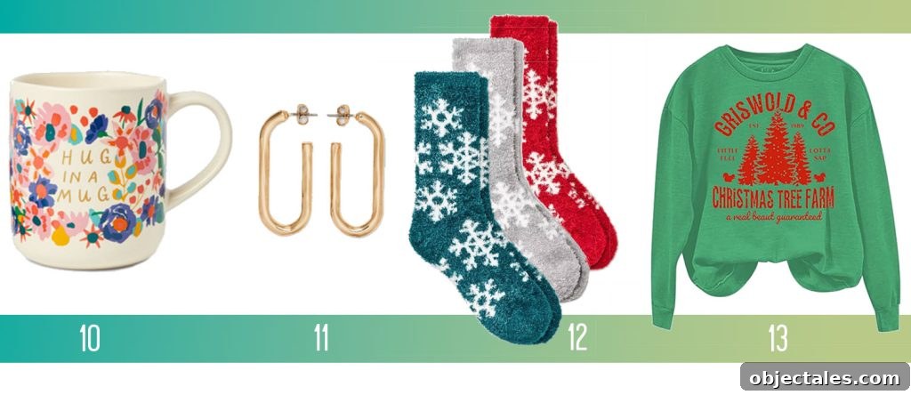 Affordable Holiday Gifts Ideas Hug In A Mug Gold Earrings Cozy Socks Griswold Sweatshirt