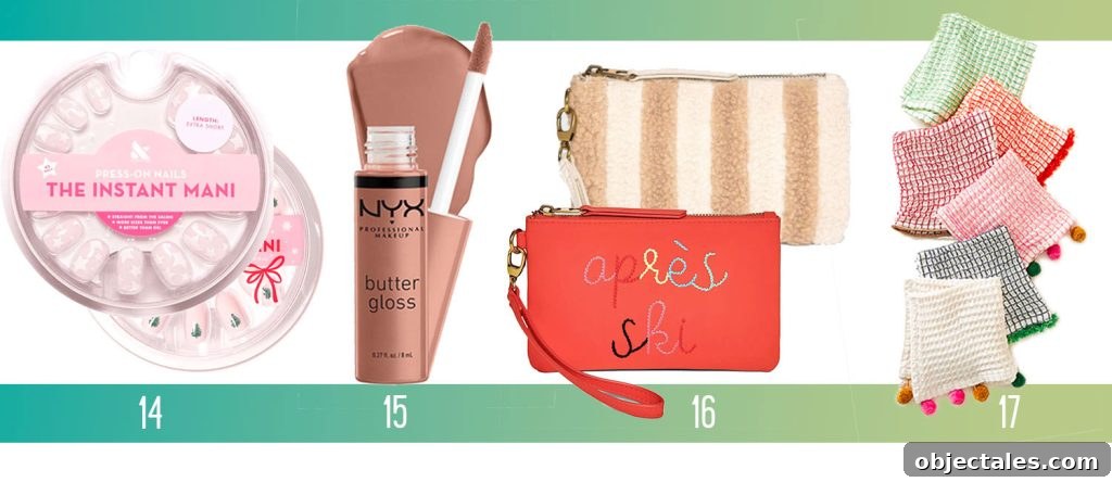 Affordable Holiday Gifts Ideas Olive And June Press On Nails Butter Gloss Makeup Apres Ski Clutch Dishcloth Set