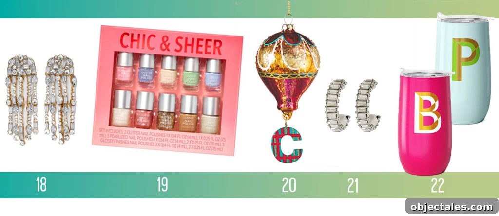 Affordable Holiday Gifts Ideas Earrings Nail Polish Kit Hot Air Balloon Ornament Monogramed Tumbler Mugs