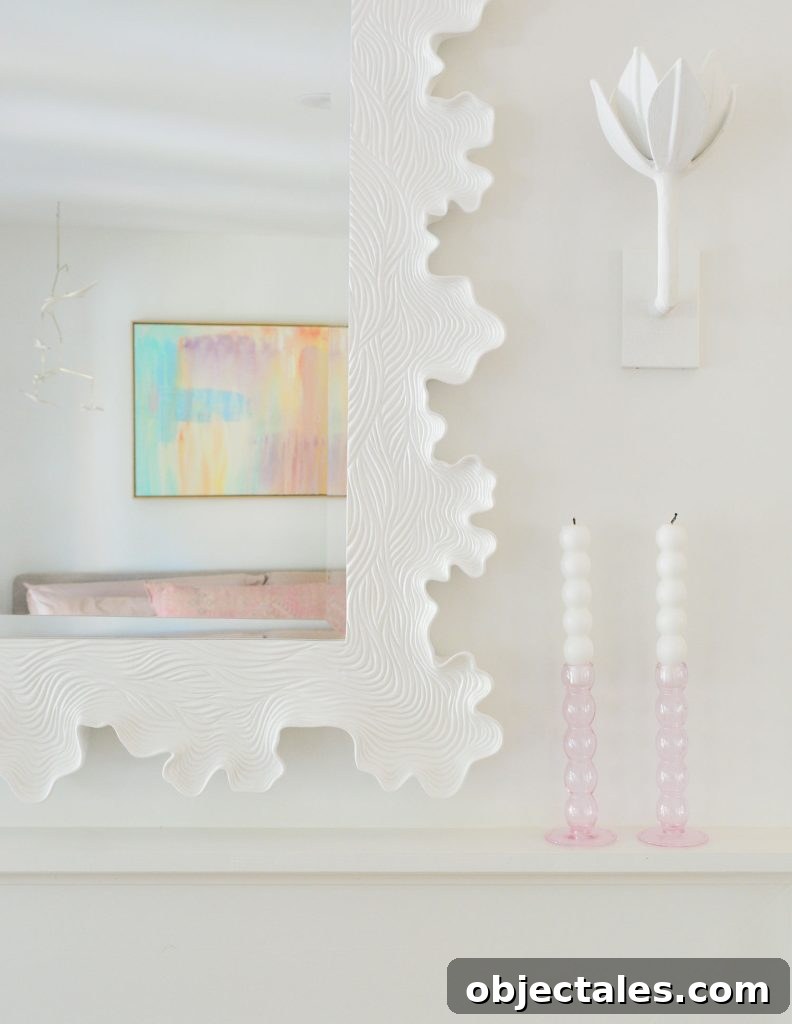 6 Bedroom Upgrades That Transformed Our Space 12 Detail Of White Sculptural Clamshell Scalloped Mirror Over Fireplace