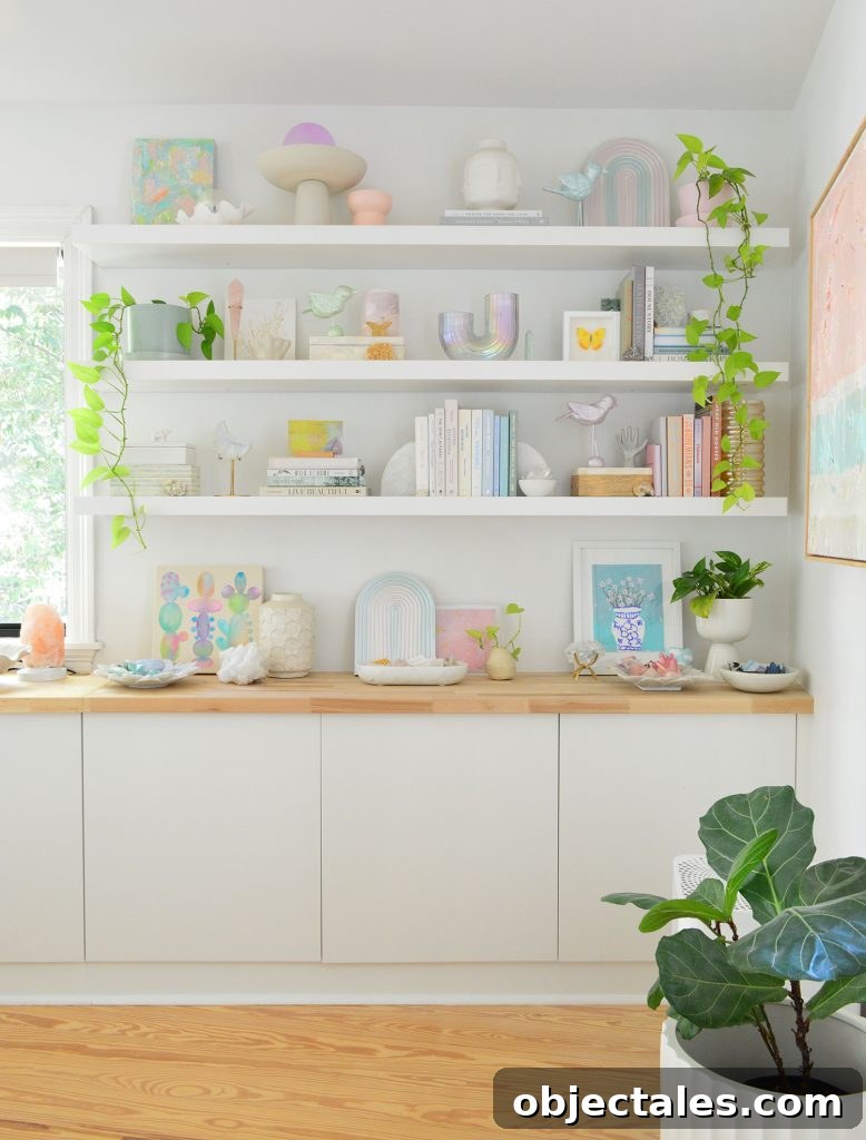 6 Bedroom Upgrades That Transformed Our Space 17 White Ikea Lack Shelves Styled With Beachy Books And Butcher Block Counters
