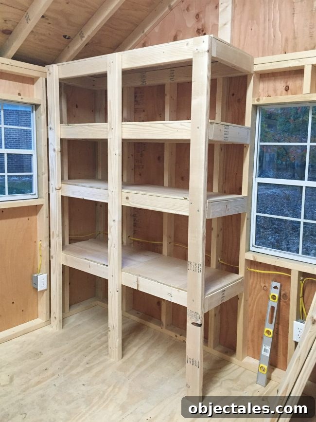 Build Sturdy DIY Garage Shelving: Step-by-Step Plans 12 finished DIY garage shelves with three vertial supports