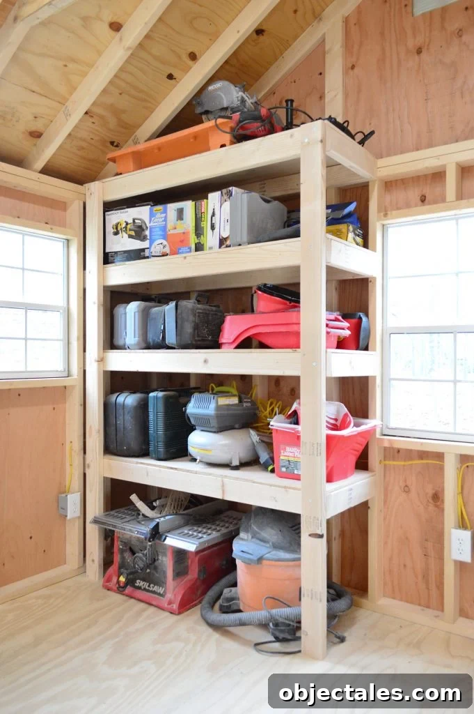 Build Sturdy DIY Garage Shelving: Step-by-Step Plans 13 finished garage shelves in unfinished shed with tools and saws