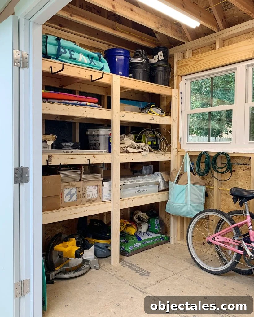 Build Sturdy DIY Garage Shelving: Step-by-Step Plans 3 Heavy duty wood shelves in beach house storage shed