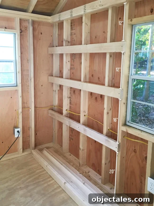 Build Sturdy DIY Garage Shelving: Step-by-Step Plans 5 wood shelf supports attached to shed wall for DIY garage shelves